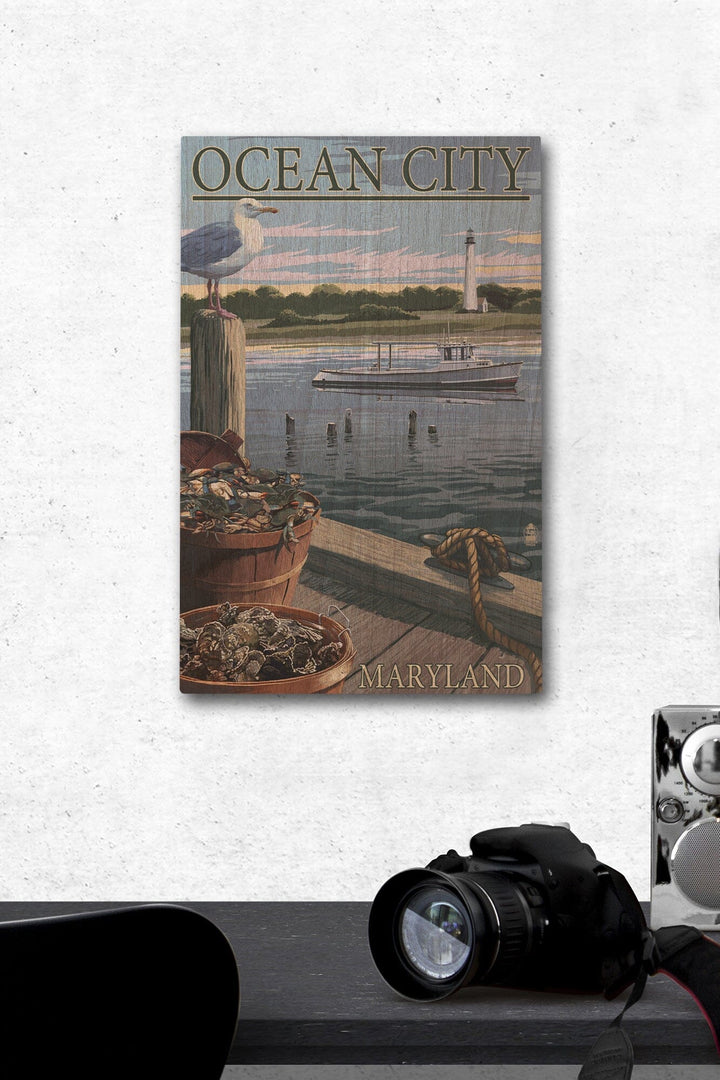 Ocean City, Maryland, Blue Crab and Oysters on Dock, Lantern Press Poster, Wood Signs and Postcards Wood Lantern Press 12 x 18 Wood Gallery Print 