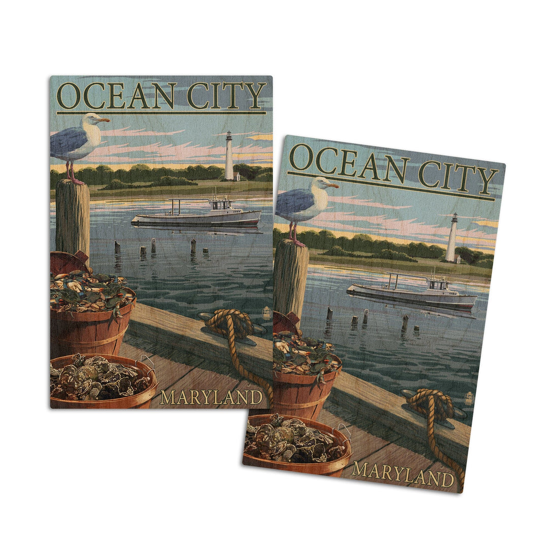 Ocean City, Maryland, Blue Crab and Oysters on Dock, Lantern Press Poster, Wood Signs and Postcards Wood Lantern Press 4x6 Wood Postcard Set 