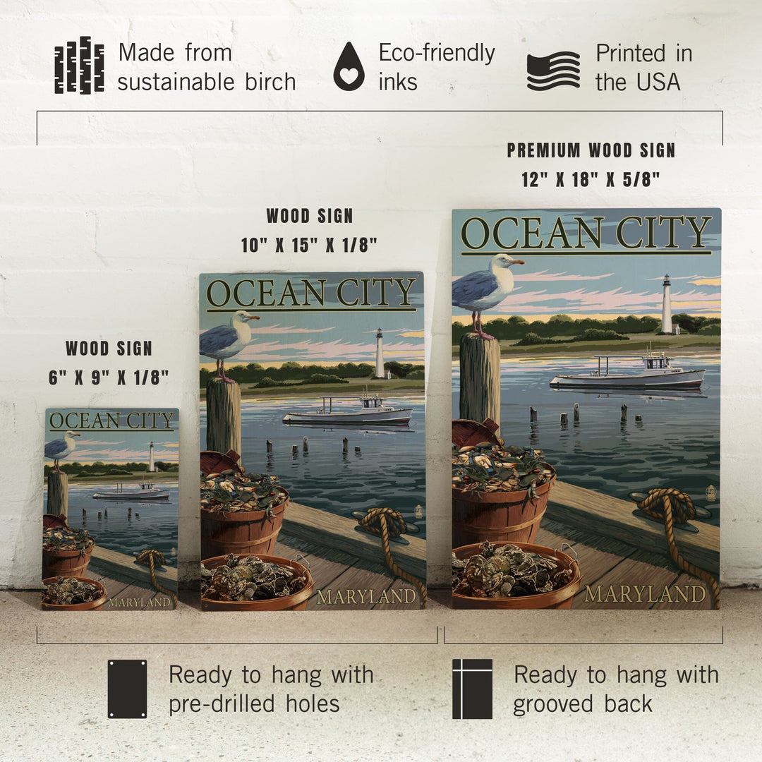 Ocean City, Maryland, Blue Crab and Oysters on Dock, Lantern Press Poster, Wood Signs and Postcards Wood Lantern Press 