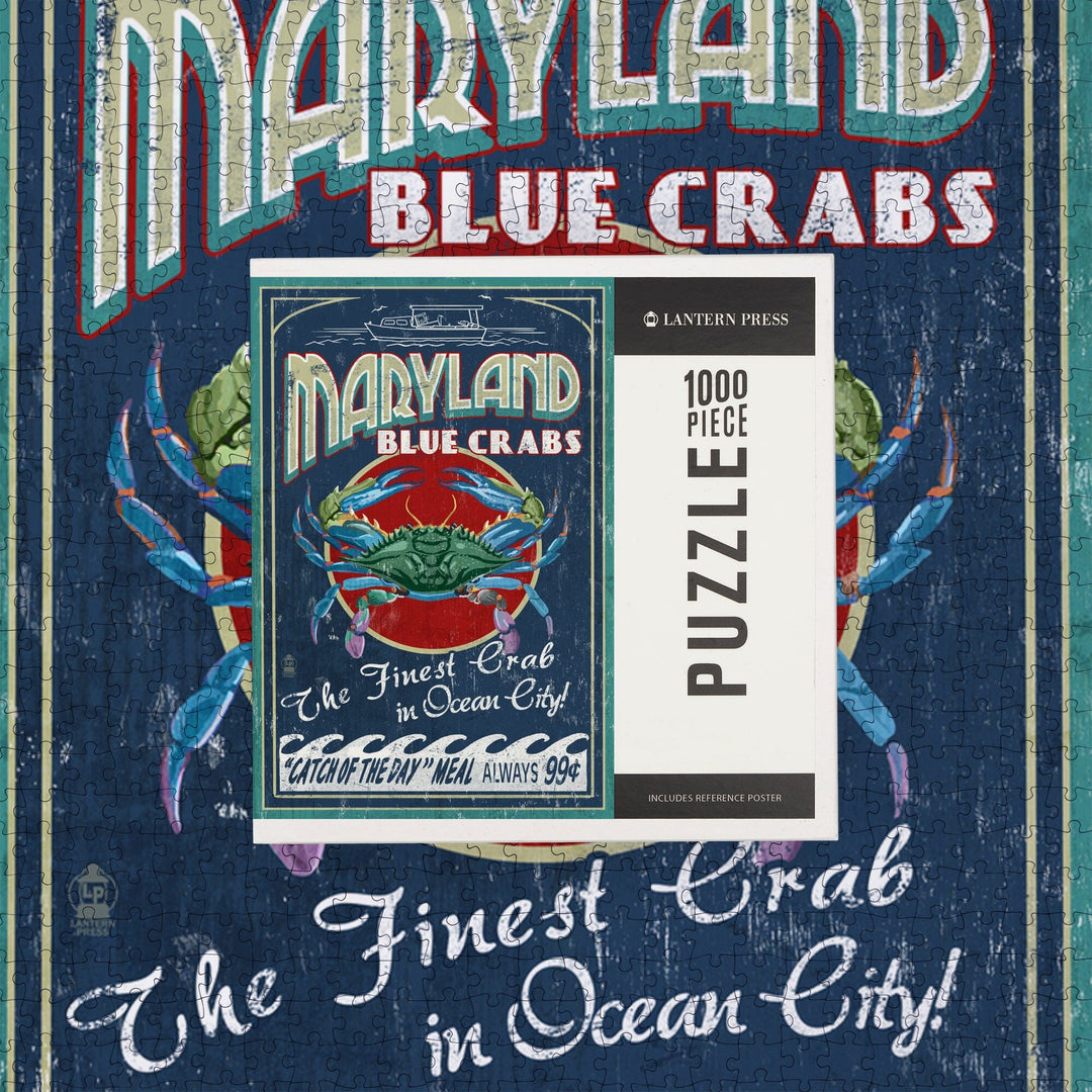 Ocean City, Maryland, Blue Crabs Vintage Sign, Jigsaw Puzzle Puzzle Lantern Press 