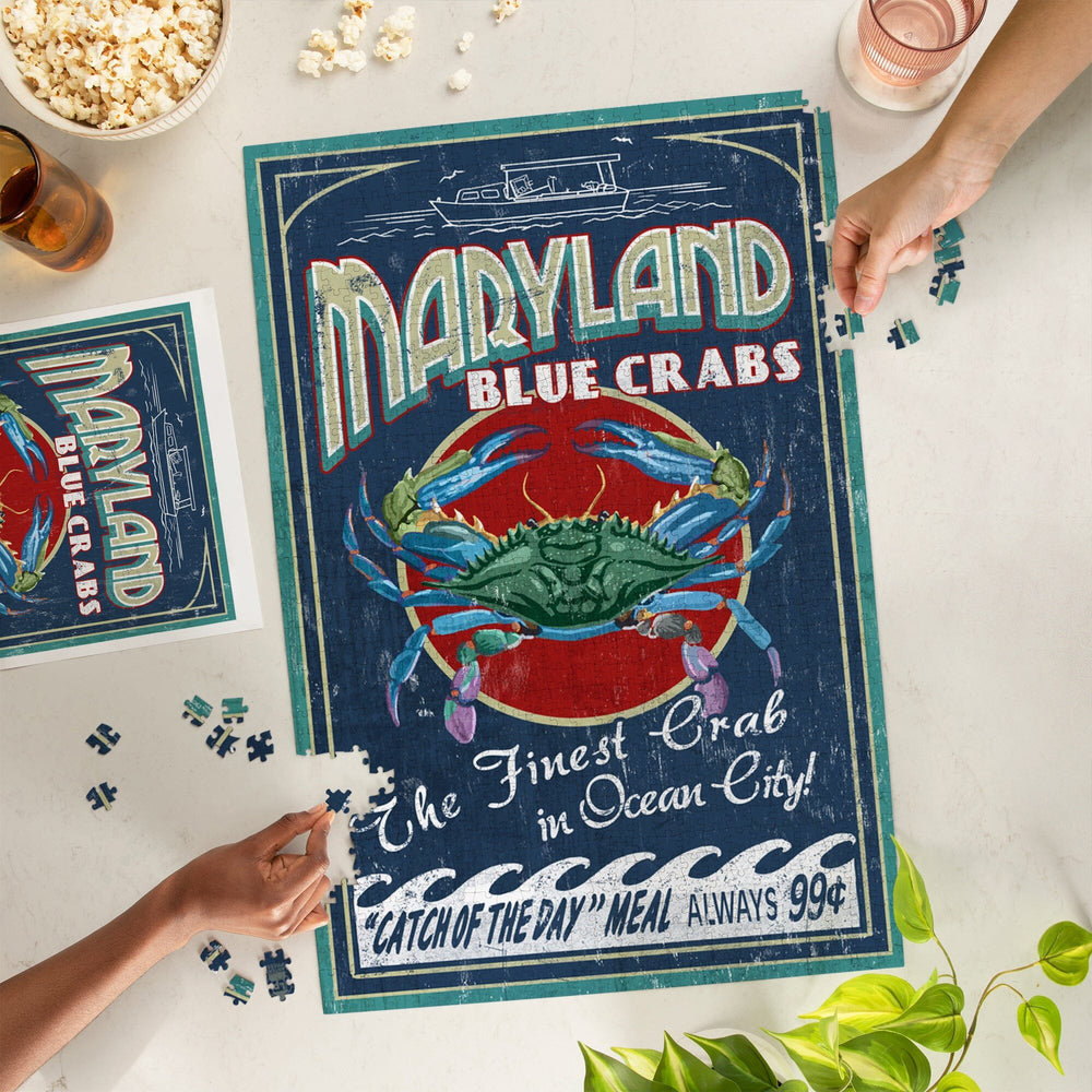 Ocean City, Maryland, Blue Crabs Vintage Sign, Jigsaw Puzzle Puzzle Lantern Press 