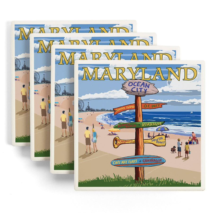 Ocean City, Maryland, Destinations Sign, Lantern Press Artwork, Coaster Set Coasters Lantern Press 