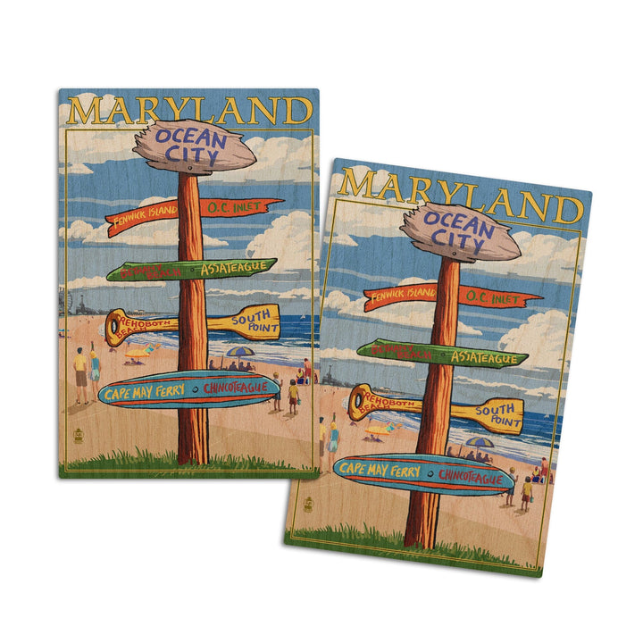 Ocean City, Maryland, Destinations Sign, Lantern Press Artwork, Wood Signs and Postcards Wood Lantern Press 4x6 Wood Postcard Set 