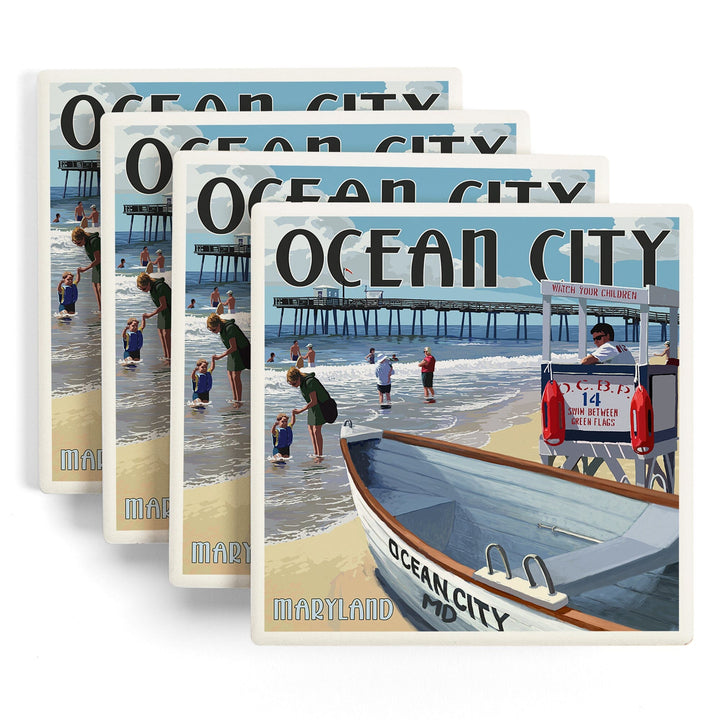 Ocean City, Maryland, Lifeguard Stand, Lantern Press Artwork, Coaster Set Coasters Lantern Press 