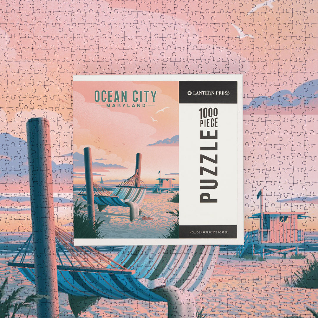 Ocean City, Maryland, Lithograph, Hammock on Beach, Jigsaw Puzzle Puzzle Lantern Press 