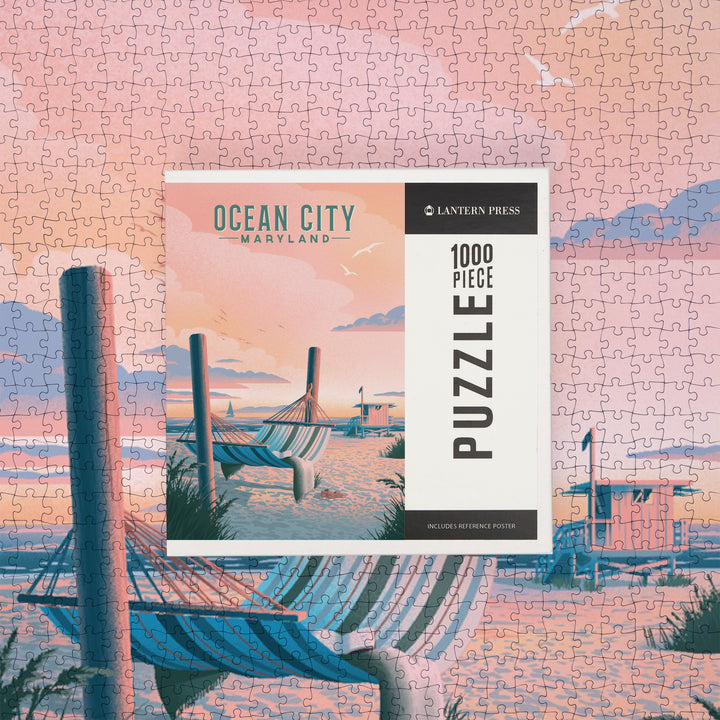 Ocean City, Maryland, Lithograph, Hammock on Beach, Jigsaw Puzzle Puzzle Lantern Press 