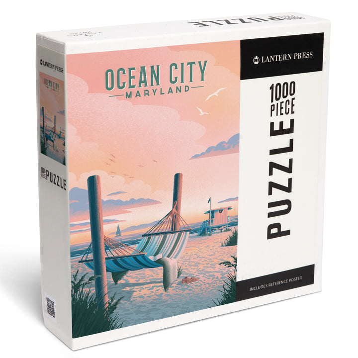 Ocean City, Maryland, Lithograph, Hammock on Beach, Jigsaw Puzzle Puzzle Lantern Press 