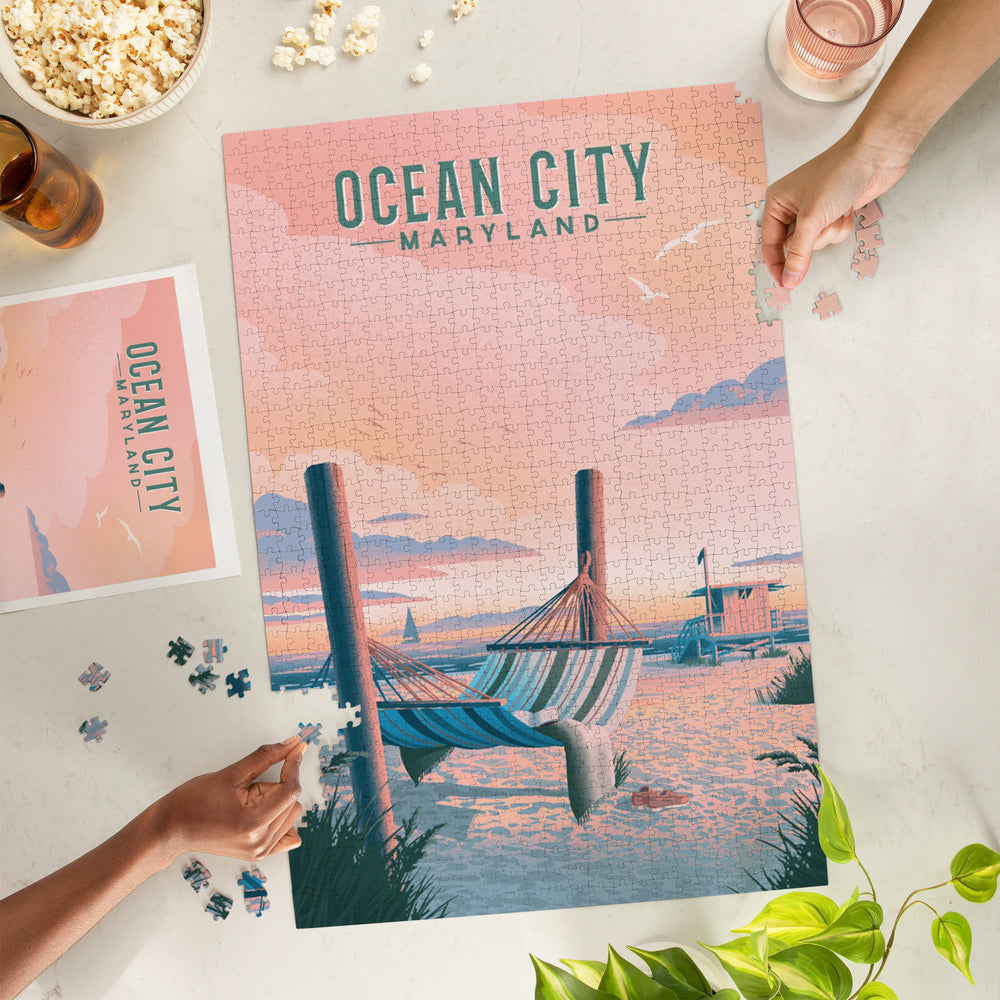 Ocean City, Maryland, Lithograph, Hammock on Beach, Jigsaw Puzzle Puzzle Lantern Press 