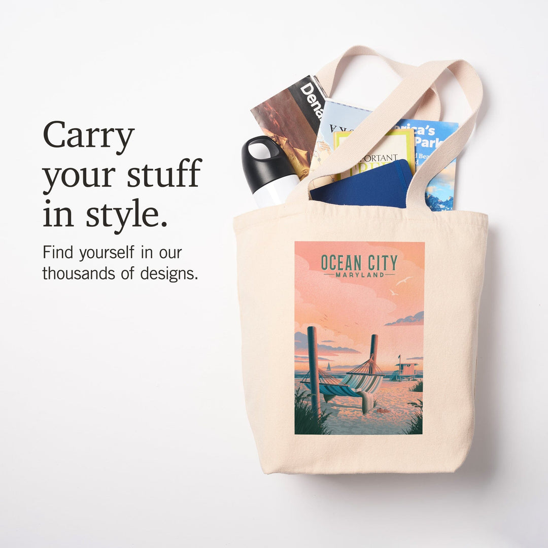 Ocean City, Maryland, Lithograph, Hammock on Beach, Tote Bag Totes Lantern Press 