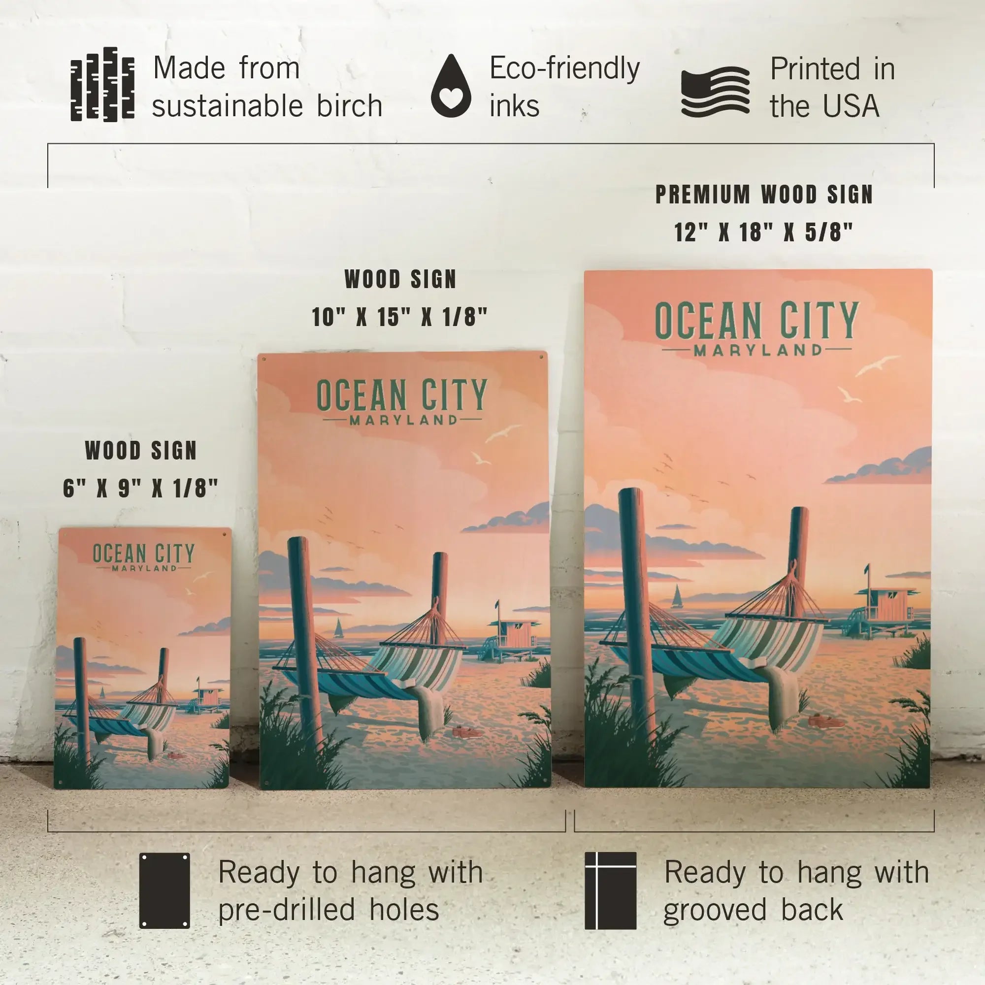 Ocean City, Maryland, Lithograph, Hammock on Beach wood signs and