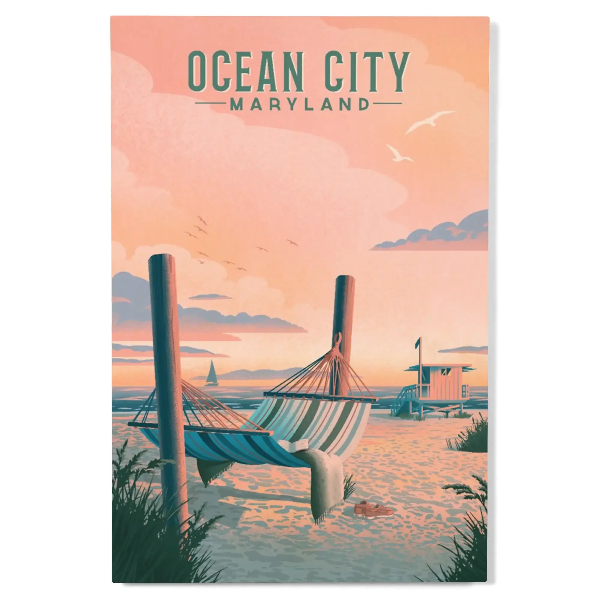 Ocean City, Maryland, Lithograph, Hammock on Beach wood signs and