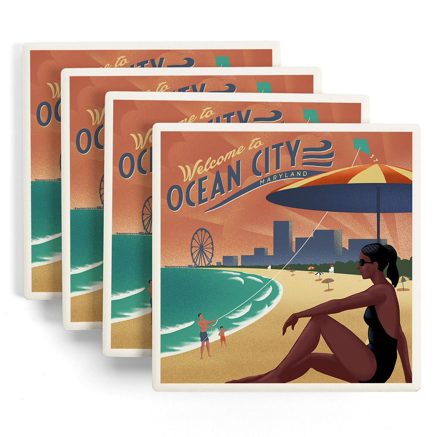 Ocean City, Maryland, Lithograph, Lantern Press Artwork, Coaster Set Coasters Lantern Press 