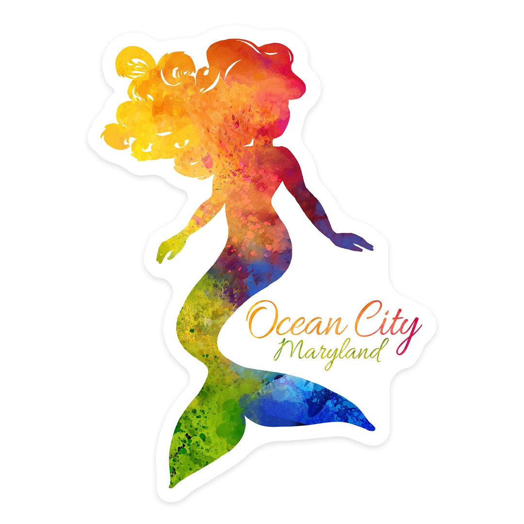 Ocean City, Maryland, Mermaid Silhouette, Rainbow Watercolor, Contour, Vinyl Sticker Sticker Lantern Press 