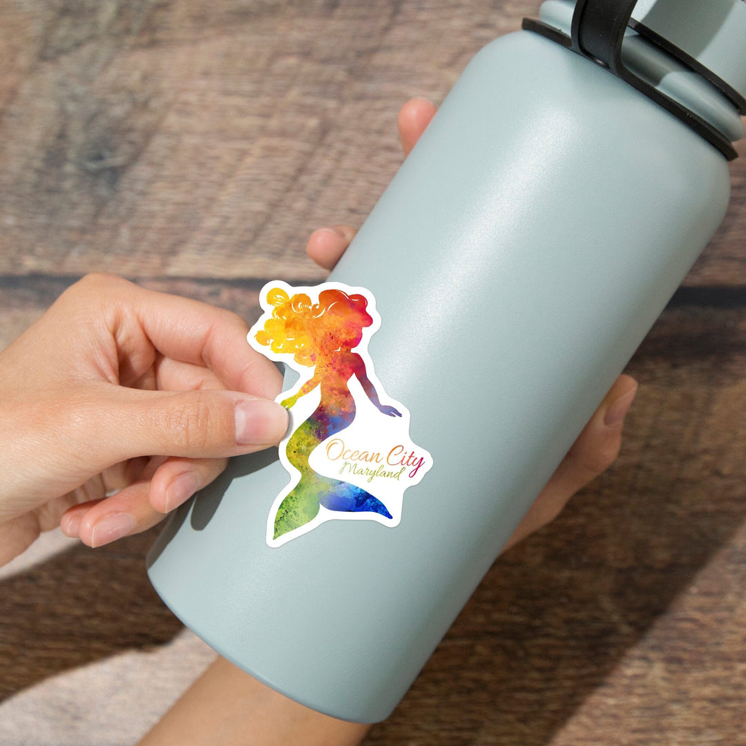 Ocean City, Maryland, Mermaid Silhouette, Rainbow Watercolor, Contour, Vinyl Sticker Sticker Lantern Press 