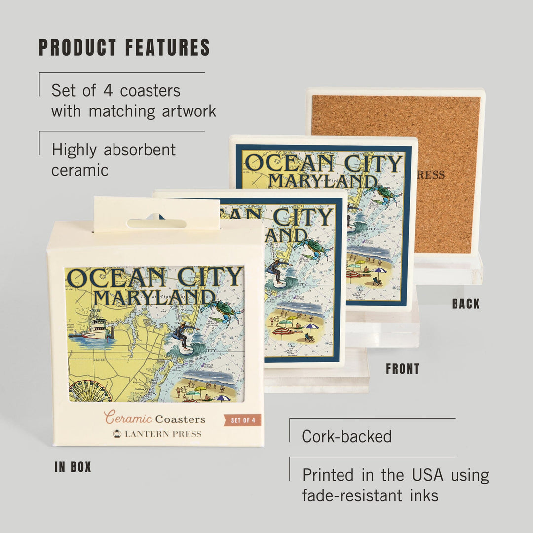 Ocean City, Maryland, Nautical Chart, Lantern Press Artwork, Coaster Set Coasters Lantern Press 