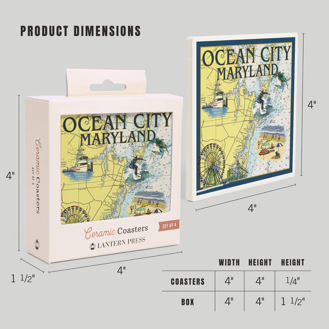 Ocean City, Maryland, Nautical Chart, Lantern Press Artwork, Coaster Set Coasters Lantern Press 