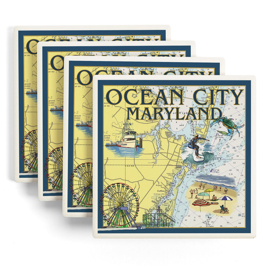 Ocean City, Maryland, Nautical Chart, Lantern Press Artwork, Coaster Set Coasters Lantern Press 