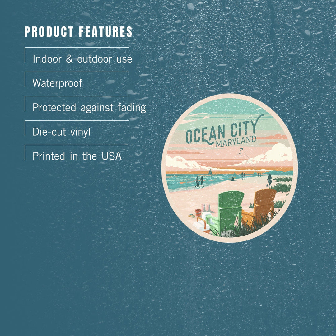 Ocean City, Maryland, Painterly, Bottle This Moment, Beach Chairs, Contour, Vinyl Sticker Sticker Lantern Press 