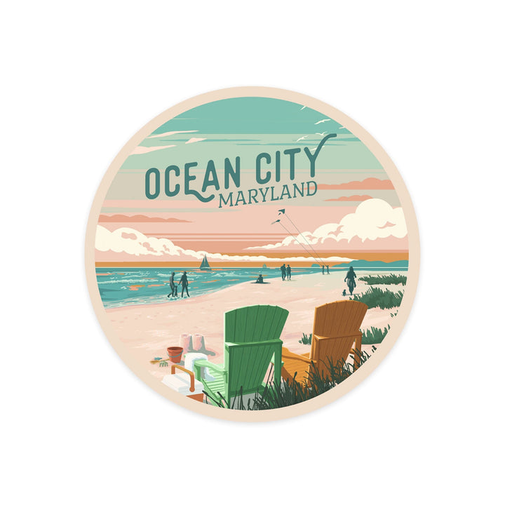 Ocean City, Maryland, Painterly, Bottle This Moment, Beach Chairs, Contour, Vinyl Sticker Sticker Lantern Press 