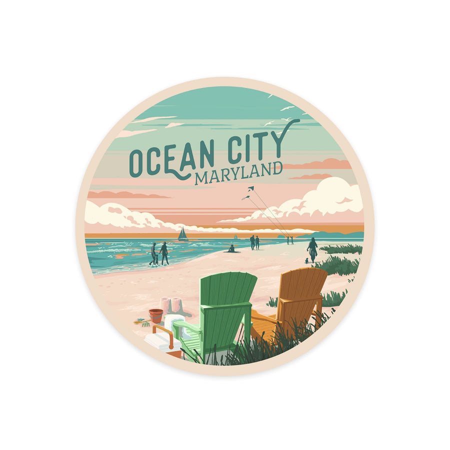 Ocean City, Maryland, Painterly, Bottle This Moment, Beach Chairs, Contour, Vinyl Sticker Sticker Lantern Press 