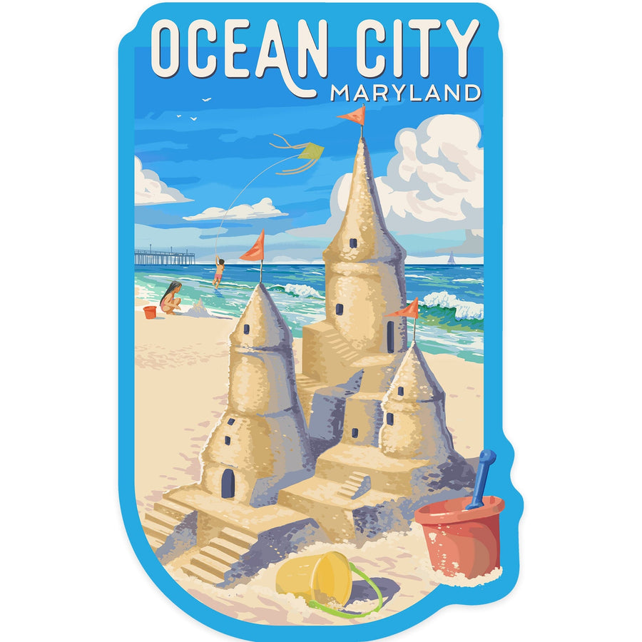 Ocean City, Maryland, Painterly, Soak Up Summer, Sand Castle, Contour, Vinyl Sticker Sticker Lantern Press 