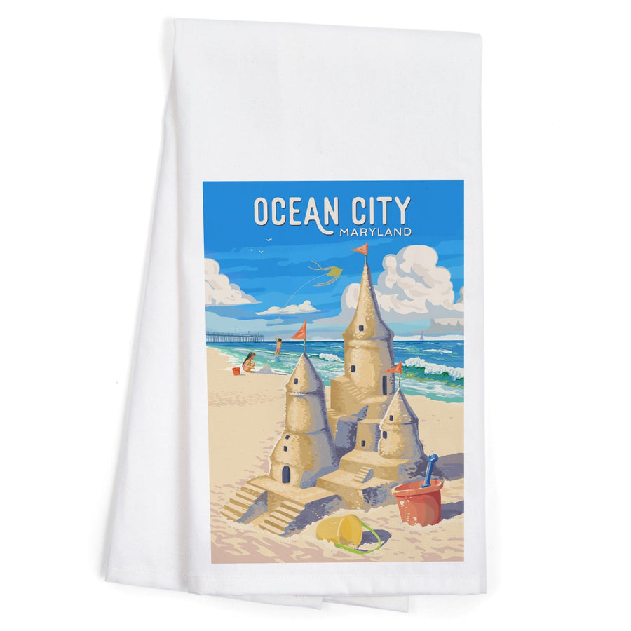 Ocean City, Maryland, Painterly, Soak Up Summer, Sand Castle, Organic Cotton Kitchen Tea Towels Kitchen Lantern Press 