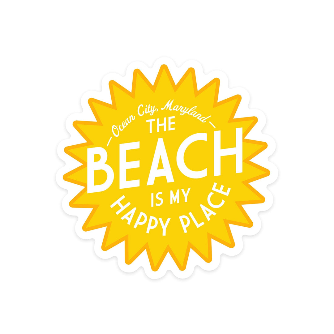 Ocean City, Maryland, The Beach is My Happy Place, Contour, Lantern Press Artwork, Vinyl Sticker Sticker Lantern Press 