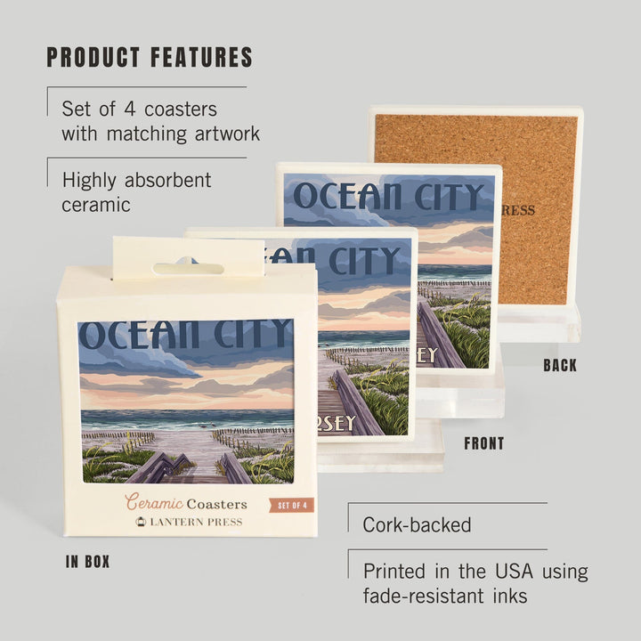 Ocean City, New Jersey, Beach Boardwalk Scene, Lantern Press Artwork, Coaster Set Coasters Lantern Press 