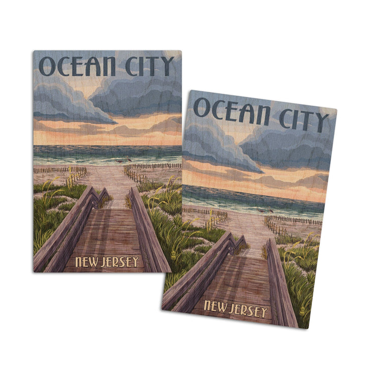 Ocean City, New Jersey, Beach Boardwalk Scene, Lantern Press Artwork, Wood Signs and Postcards Wood Lantern Press 4x6 Wood Postcard Set 