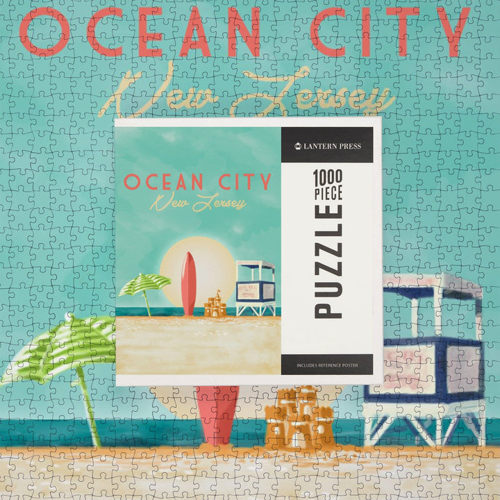 Ocean City, New Jersey, Beach Scene with Lifeguard Stand, Jigsaw Puzzle Puzzle Lantern Press 