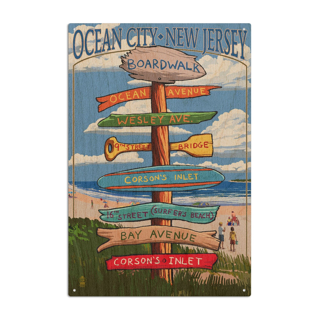 Ocean City, New Jersey, Destination Signpost (#2), Lantern Press Artwork, Wood Signs and Postcards Wood Lantern Press 10 x 15 Wood Sign 