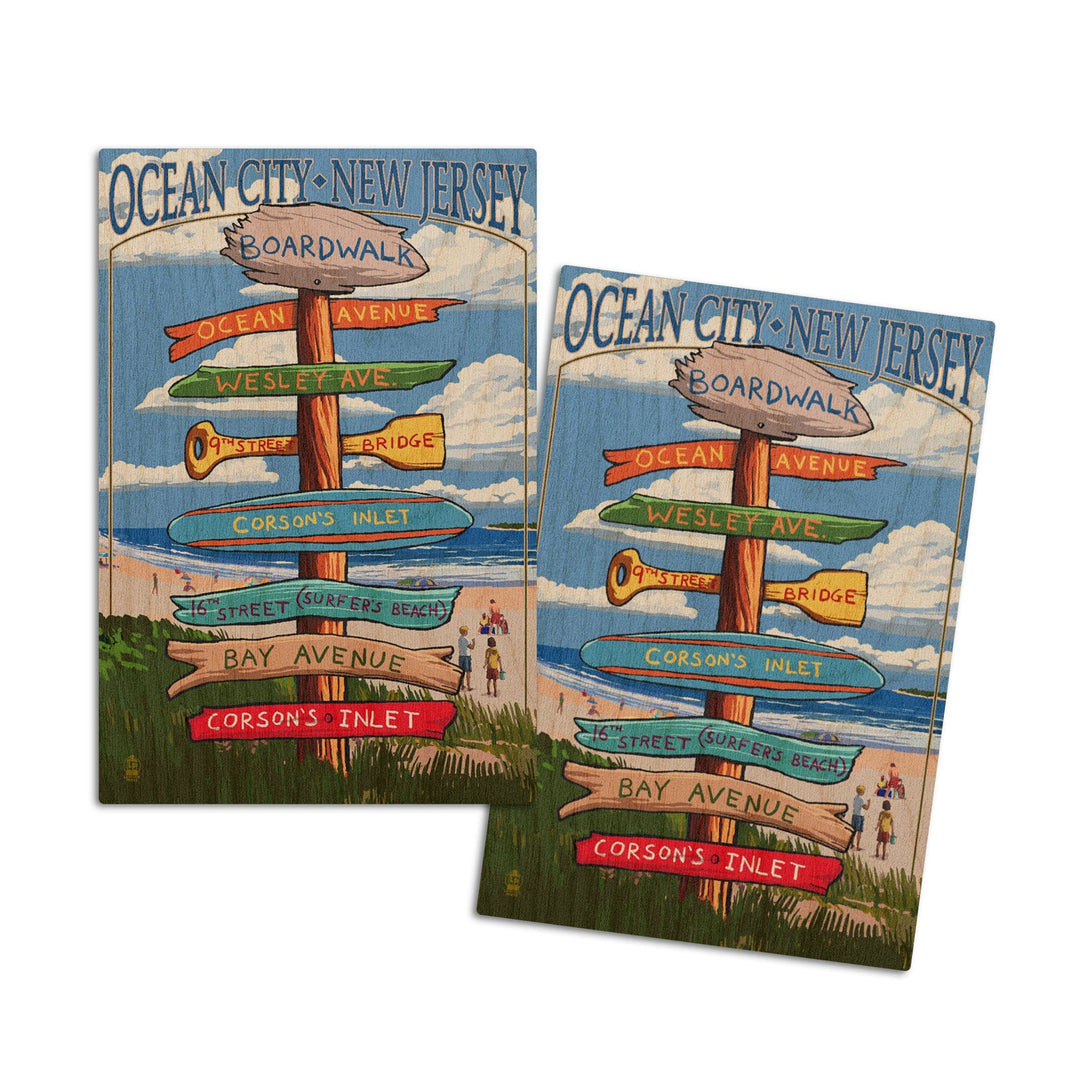 Ocean City, New Jersey, Destination Signpost (#2), Lantern Press Artwork, Wood Signs and Postcards Wood Lantern Press 4x6 Wood Postcard Set 