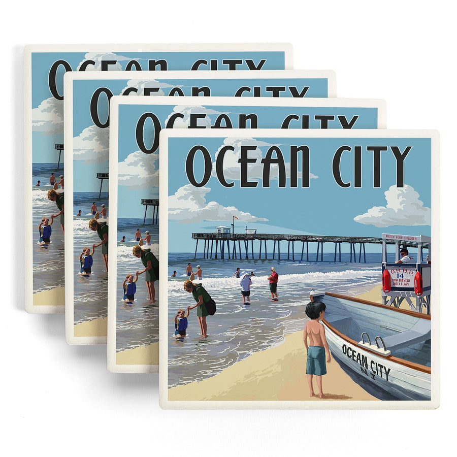 Ocean City, New Jersey, Lifeguard Stand, Lantern Press Artwork, Coaster Set Coasters Lantern Press 