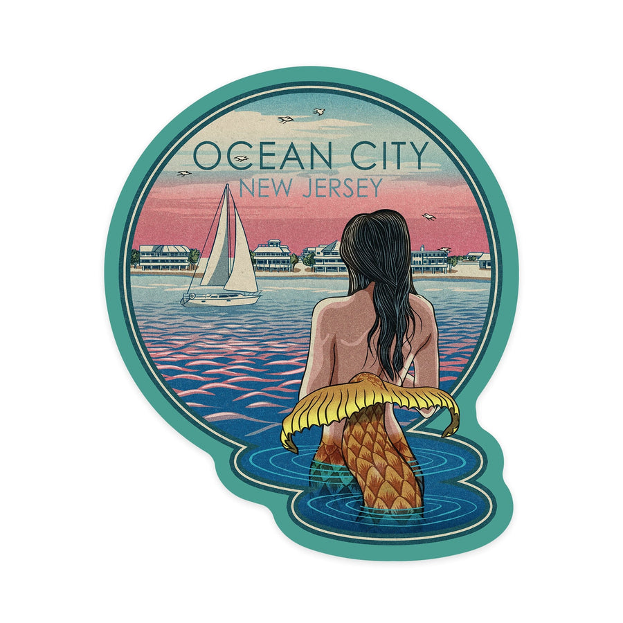 Ocean City, New Jersey, Mermaid and Beach, Woodblock, Contour, Vinyl Sticker Sticker Lantern Press 