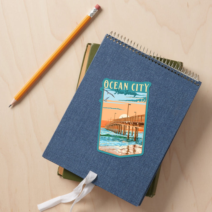 Ocean City, New Jersey, Painterly Pier, Contour, Vinyl Sticker Sticker Lantern Press 