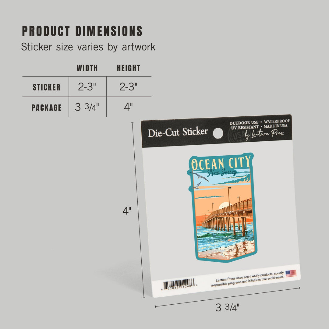 Ocean City, New Jersey, Painterly Pier, Contour, Vinyl Sticker Sticker Lantern Press 