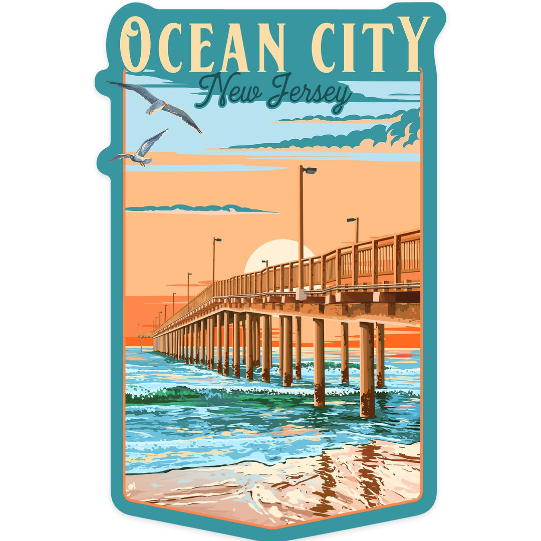 Ocean City, New Jersey, Painterly Pier, Contour, Vinyl Sticker Sticker Lantern Press 
