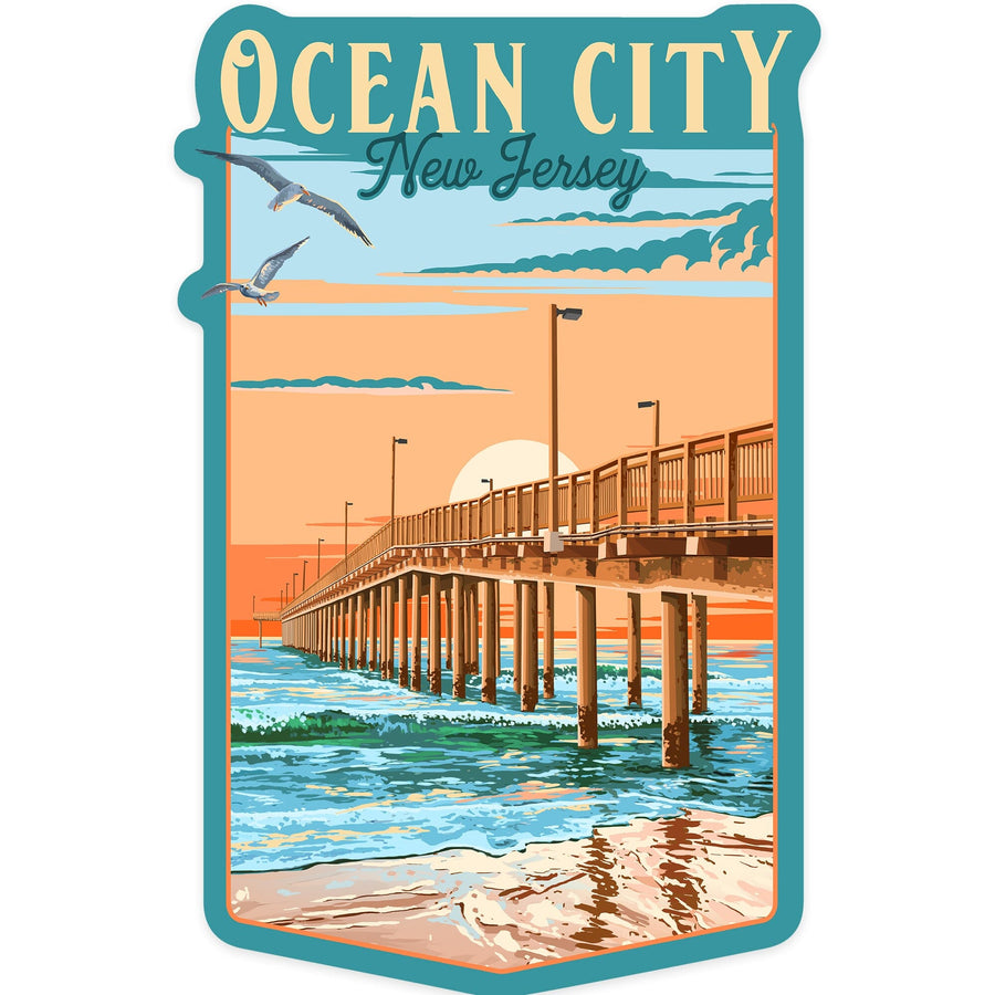 Ocean City, New Jersey, Painterly Pier, Contour, Vinyl Sticker Sticker Lantern Press 