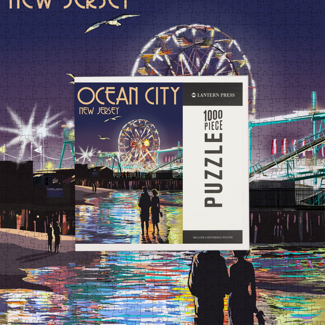 Ocean City, New Jersey, Pier and Rides at Night, Jigsaw Puzzle Puzzle Lantern Press 