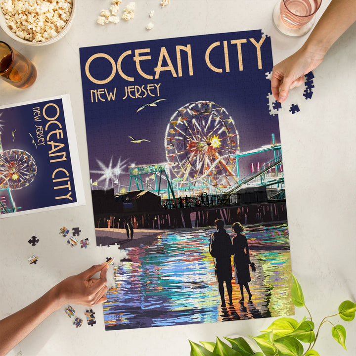 Ocean City, New Jersey, Pier and Rides at Night, Jigsaw Puzzle Puzzle Lantern Press 
