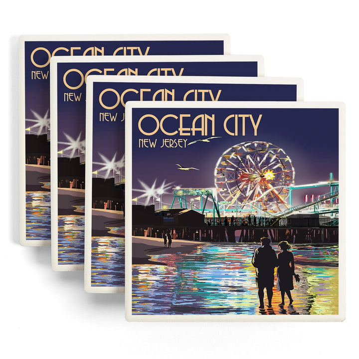 Ocean City, New Jersey, Pier & Rides at Night, Lantern Press Artwork, Coaster Set Coasters Lantern Press 