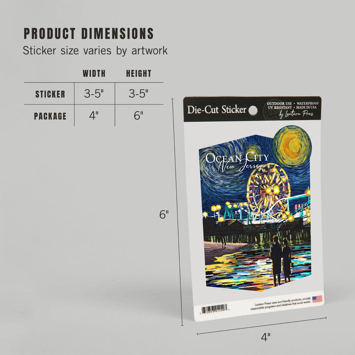 Ocean City, New Jersey, Pier, Starry Night, Contour, Vinyl Sticker Sticker Lantern Press 