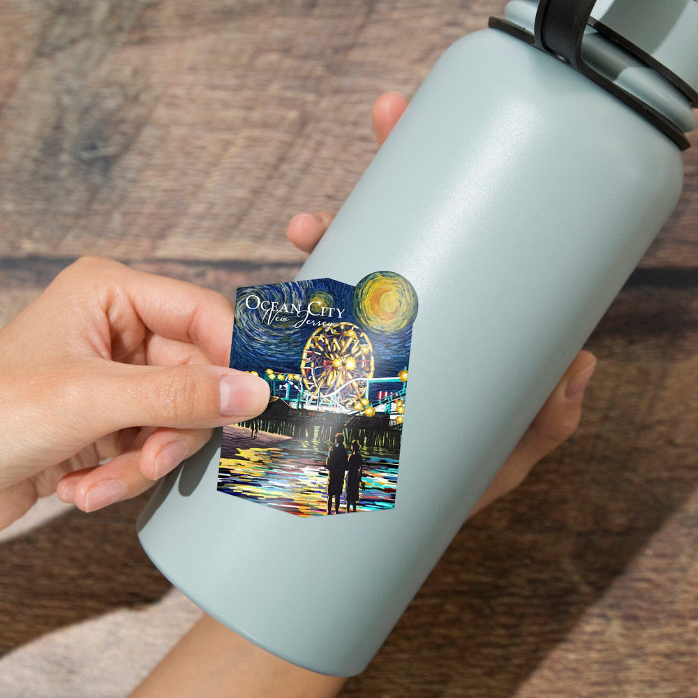Ocean City, New Jersey, Pier, Starry Night, Contour, Vinyl Sticker Sticker Lantern Press 