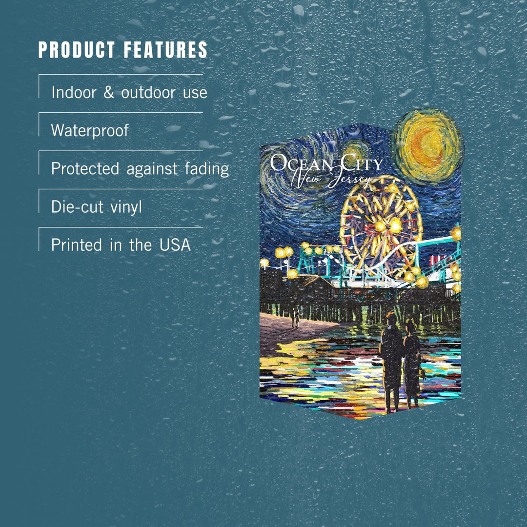 Ocean City, New Jersey, Pier, Starry Night, Contour, Vinyl Sticker Sticker Lantern Press 