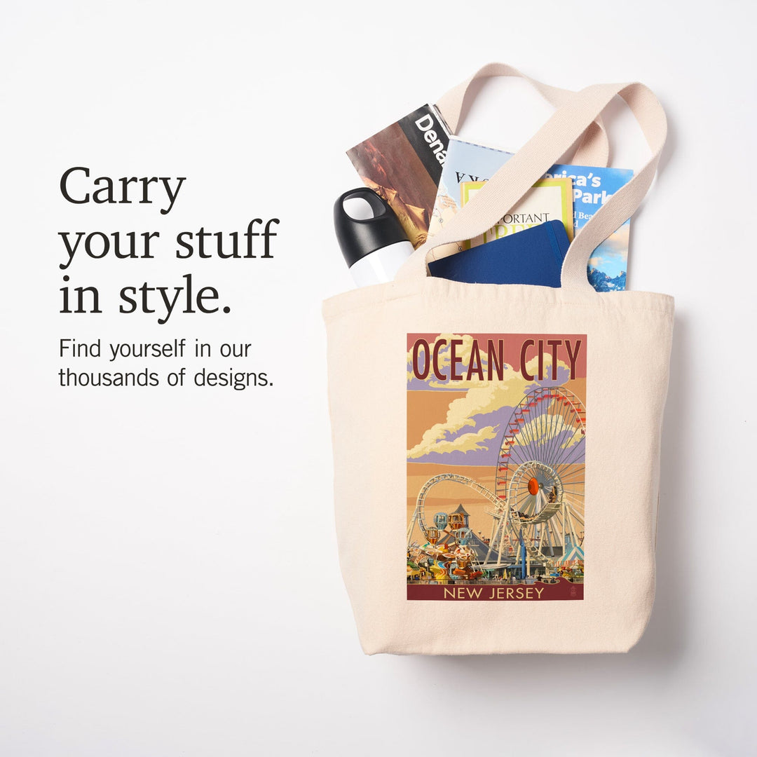 Ocean City, New Jersey, Pier & Sunset, Lantern Press Artwork, Tote Bag Totes Lantern Press 