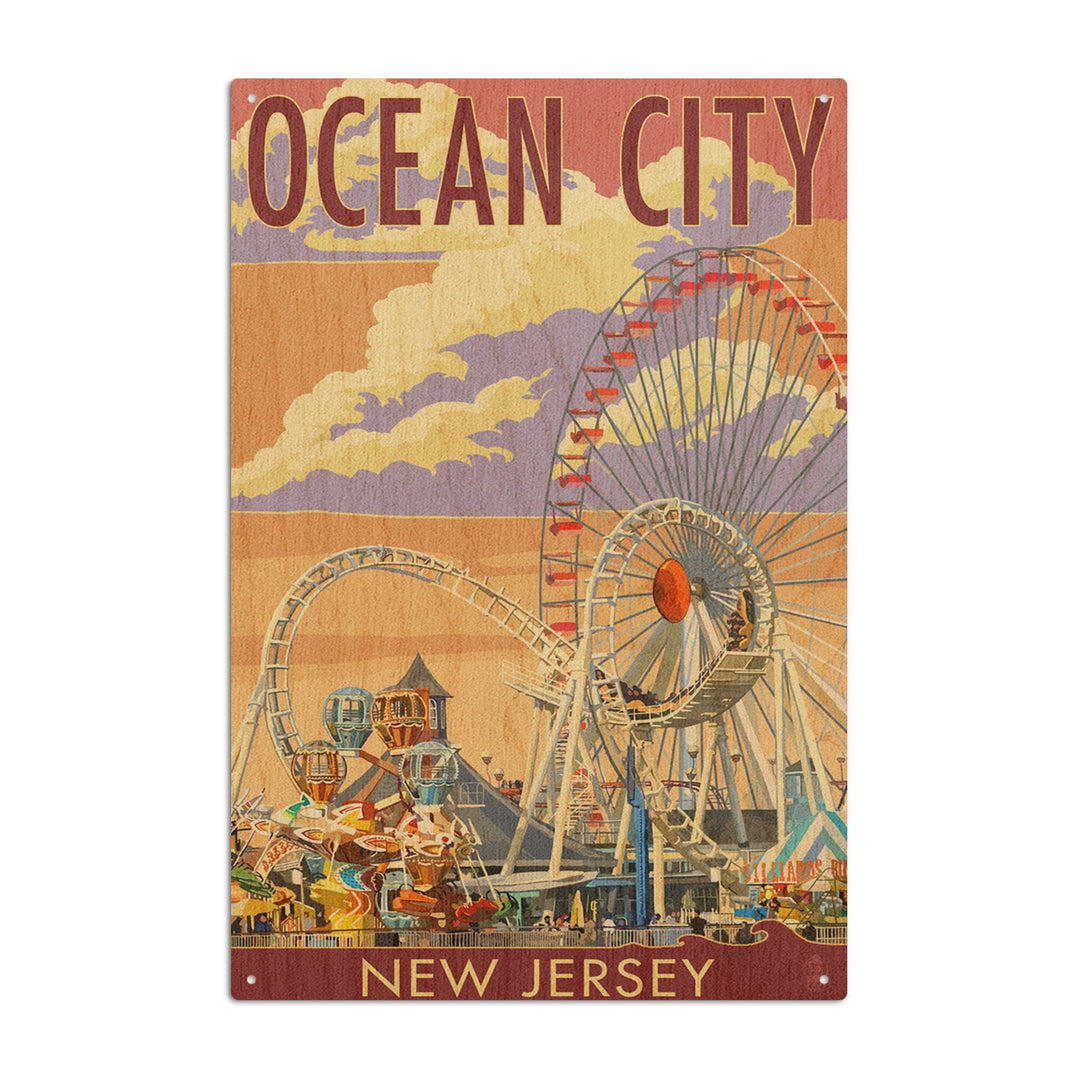 Ocean City, New Jersey, Pier & Sunset, Lantern Press Artwork, Wood Signs and Postcards Wood Lantern Press 10 x 15 Wood Sign 