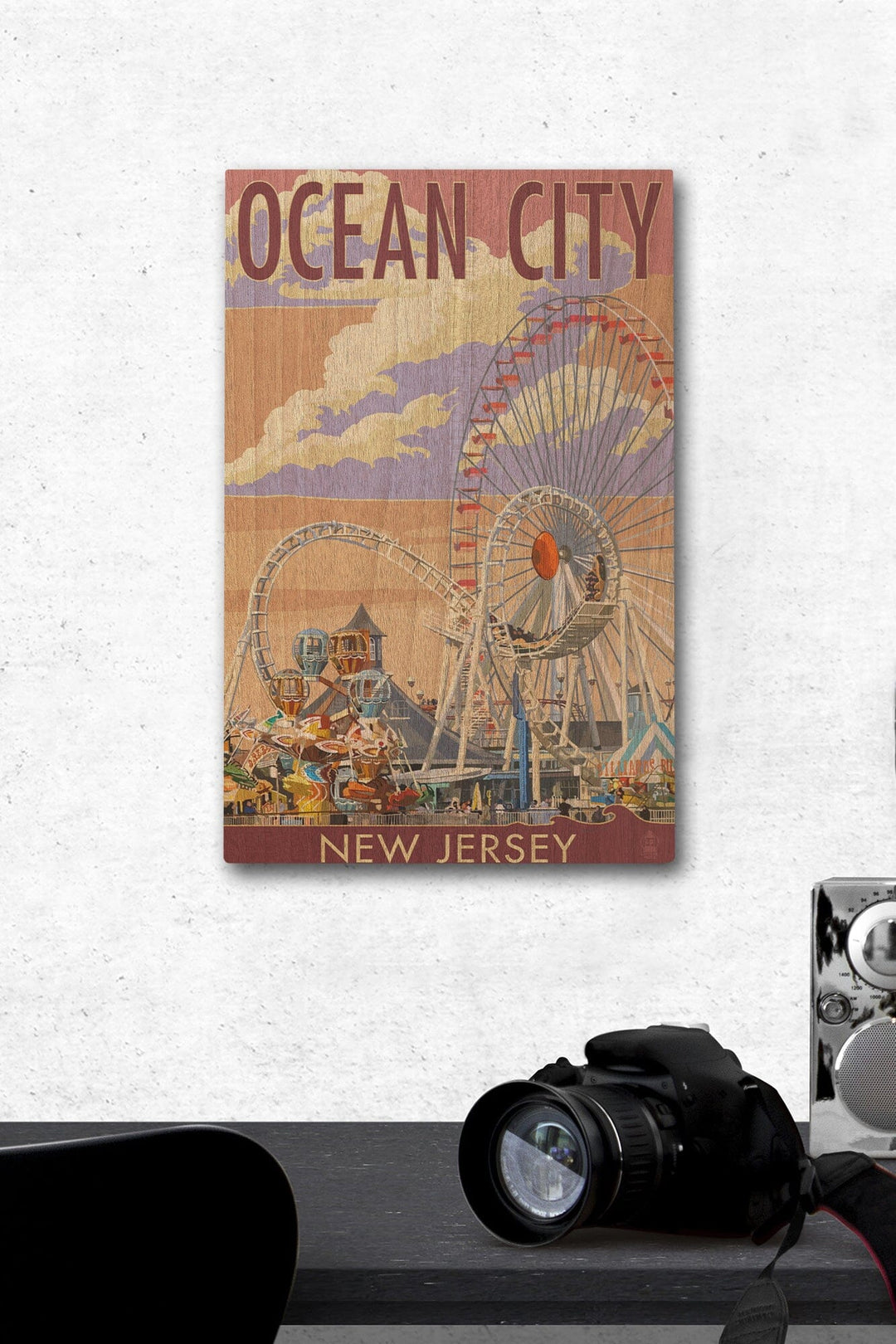 Ocean City, New Jersey, Pier & Sunset, Lantern Press Artwork, Wood Signs and Postcards Wood Lantern Press 12 x 18 Wood Gallery Print 