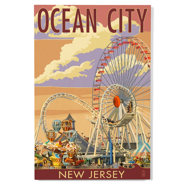 Ocean City, New Jersey, Pier & Sunset, Lantern Press Artwork, Wood Signs and Postcards Wood Lantern Press 