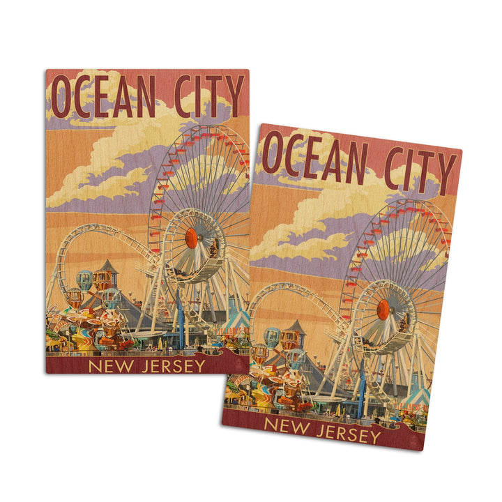 Ocean City, New Jersey, Pier & Sunset, Lantern Press Artwork, Wood Signs and Postcards Wood Lantern Press 4x6 Wood Postcard Set 