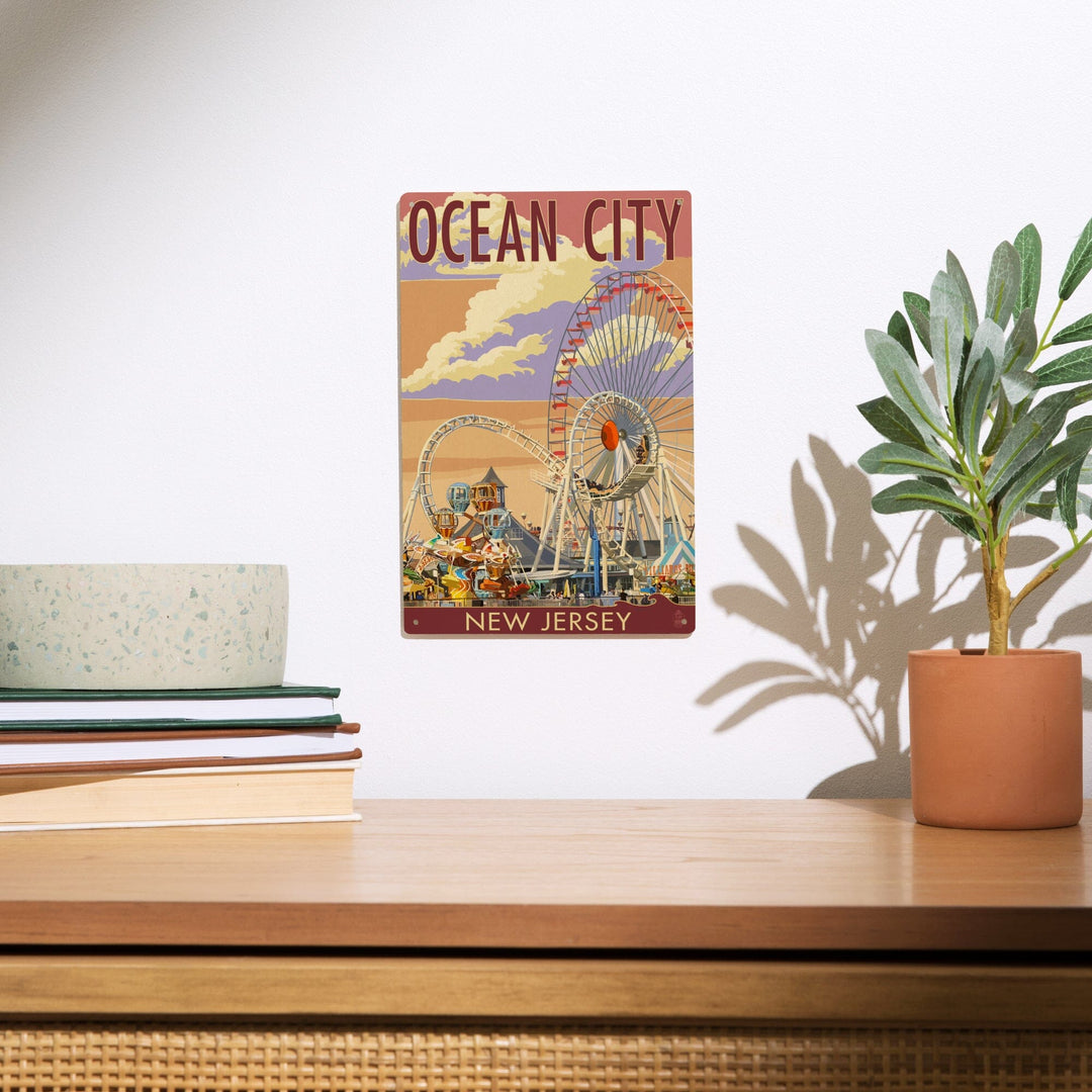 Ocean City, New Jersey, Pier & Sunset, Lantern Press Artwork, Wood Signs and Postcards Wood Lantern Press 